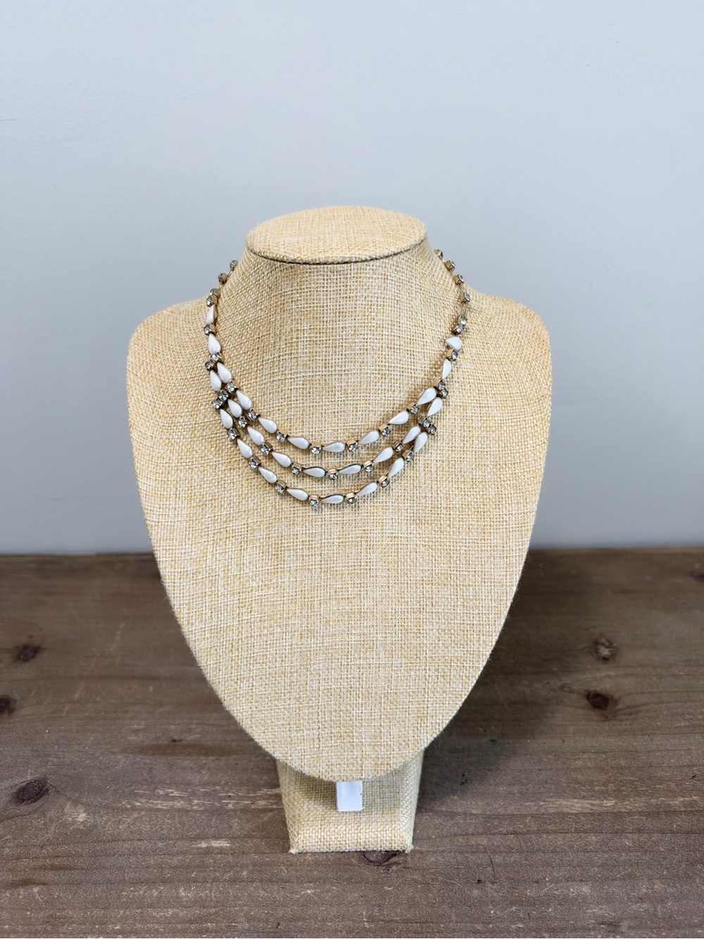 White Cabochon Rhinestone Multi Strand Gold Tone Statement Necklace
